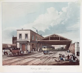 Das Eisenbahnbüro, Liverpool, graviert von S.G. Hughes, 1831